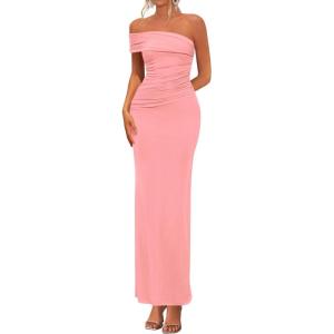 imagePRETTYGARDEN Womens 2026 Wedding Guest Cocktail Dresses One Off The Shoulder Ruched Bodycon Formal Maxi Party Summer OutfitsPink
