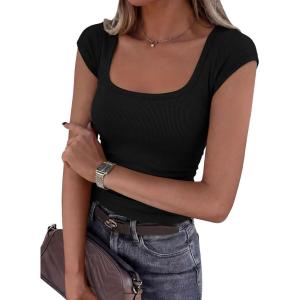 imagePRETTYGARDEN Womens Cap Sleeve T Shirts 2026 Square Neck Basic Tees Slim Fit Ribbed Knit Spring Going Out Tops Summer ClothesBlack