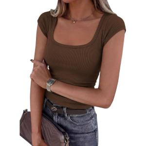 imagePRETTYGARDEN Womens Cap Sleeve T Shirts 2026 Square Neck Basic Tees Slim Fit Ribbed Knit Spring Going Out Tops Summer ClothesBrown