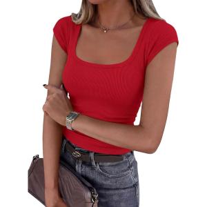 imagePRETTYGARDEN Womens Cap Sleeve T Shirts 2026 Square Neck Basic Tees Slim Fit Ribbed Knit Spring Going Out Tops Summer ClothesRed
