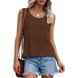 imagePRETTYGARDEN Womens Crochet Tank Tops 2026 Summer Spring Boho Sleeveless Cute Knit Sweater Vest Trendy Beach Vacation ClothesBrown