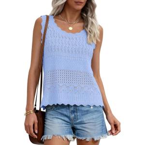 imagePRETTYGARDEN Womens Crochet Tank Tops 2026 Summer Spring Boho Sleeveless Cute Knit Sweater Vest Trendy Beach Vacation ClothesLight Blue