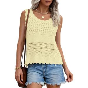 imagePRETTYGARDEN Womens Crochet Tank Tops 2026 Summer Spring Boho Sleeveless Cute Knit Sweater Vest Trendy Beach Vacation ClothesYellow
