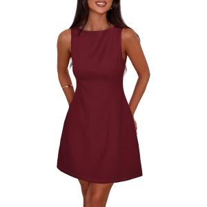 imagePRETTYGARDEN Womens Formal Short Dresses 2026 Summer Sleeveless Boat Neck A Line Elegant Mini Cocktail Party DressBurgundy