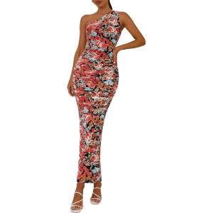 imagePRETTYGARDEN Womens One Shoulder Bodycon Dresses Summer 2025 Ruched Floral Beach Cocktail Wedding Guest DressBlack Flower