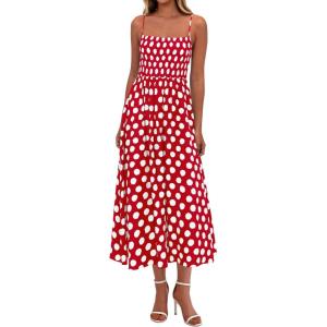 imagePRETTYGARDEN Womens Polka Dot Dress 2026 Summer Sleeveless Spaghetti Straps Smocked Sun Dress Flowy Spring Beach Midi DressesRed