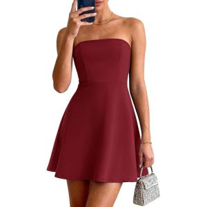 imagePRETTYGARDEN Womens Strapless Mini Summer Dress 2026 Spring A Line Tube Top Wedding Guest Cocktail Party Short DressesWine Red