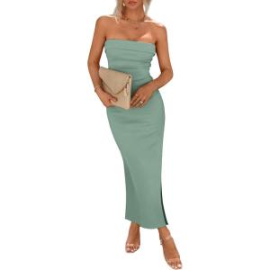 imagePRETTYGARDEN Womens Summer Bodycon Maxi Tube Dress Ribbed Strapless Side Slit Long Going Out Casual Elegant Party DressesLight Green