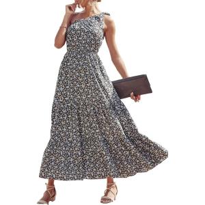 imagePRETTYGARDEN Womens Summer Floral One Shoulder Maxi Dress Knot Ruffle Boho Beach Vacation Wedding Guest Long Sun DressesBlack Blue