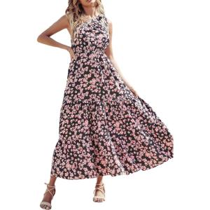 imagePRETTYGARDEN Womens Summer Floral One Shoulder Maxi Dress Knot Ruffle Boho Beach Vacation Wedding Guest Long Sun DressesBlack Pink