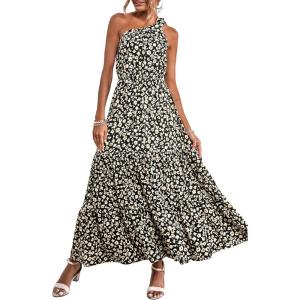 imagePRETTYGARDEN Womens Summer Floral One Shoulder Maxi Dress Knot Ruffle Boho Beach Vacation Wedding Guest Long Sun DressesBlackWhiteYellow