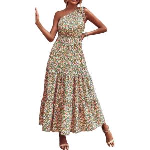 imagePRETTYGARDEN Womens Summer Floral One Shoulder Maxi Dress Knot Ruffle Boho Beach Vacation Wedding Guest Long Sun DressesBluePink