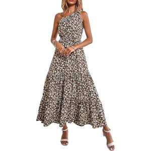 imagePRETTYGARDEN Womens Summer Floral One Shoulder Maxi Dress Knot Ruffle Boho Beach Vacation Wedding Guest Long Sun DressesCoffee