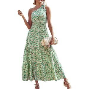 imagePRETTYGARDEN Womens Summer Floral One Shoulder Maxi Dress Knot Ruffle Boho Beach Vacation Wedding Guest Long Sun DressesGreen White