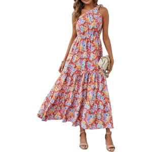 imagePRETTYGARDEN Womens Summer Floral One Shoulder Maxi Dress Knot Ruffle Boho Beach Vacation Wedding Guest Long Sun DressesOrange Floral