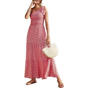 imagePRETTYGARDEN Womens Summer Floral One Shoulder Maxi Dress Knot Ruffle Boho Beach Vacation Wedding Guest Long Sun DressesRedWhite