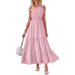 imagePRETTYGARDEN Womens Summer Floral One Shoulder Maxi Dress Knot Ruffle Boho Beach Vacation Wedding Guest Long Sun DressesSolid Pink