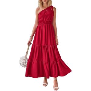 imagePRETTYGARDEN Womens Summer Floral One Shoulder Maxi Dress Knot Ruffle Boho Beach Vacation Wedding Guest Long Sun DressesSolid Red