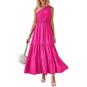 imagePRETTYGARDEN Womens Summer Floral One Shoulder Maxi Dress Knot Ruffle Boho Beach Vacation Wedding Guest Long Sun DressesSolid Rose Red