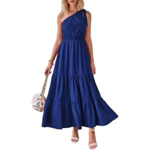 imagePRETTYGARDEN Womens Summer Floral One Shoulder Maxi Dress Knot Ruffle Boho Beach Vacation Wedding Guest Long Sun DressesSolid Royal Blue