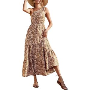 imagePRETTYGARDEN Womens Summer Floral One Shoulder Maxi Dress Knot Ruffle Boho Beach Vacation Wedding Guest Long Sun DressesYellow White