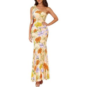 imagePRETTYGARDEN Womens Summer One Shoulder Maxi Dress 2026 Floral Sleeveless Bodycon Mesh Long Formal Wedding Guest DressesFloral Apricot