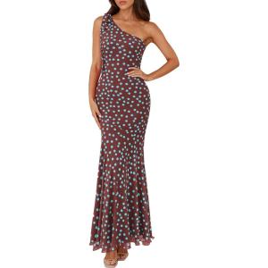 imagePRETTYGARDEN Womens Summer One Shoulder Maxi Dress 2026 Floral Sleeveless Bodycon Mesh Long Formal Wedding Guest DressesPolka Dot Brown