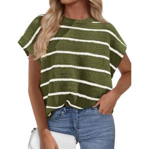 imagePRETTYGARDEN Womens Summer Short Sleeve Tops 2026 Trendy Crew Neck Striped Knit Sweater Business Casual Spring ClothesStriped Army Green White