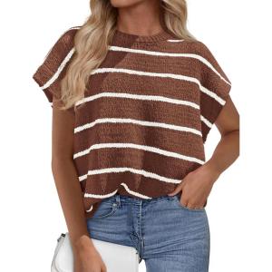 imagePRETTYGARDEN Womens Summer Short Sleeve Tops 2026 Trendy Crew Neck Striped Knit Sweater Business Casual Spring ClothesStriped Brown White