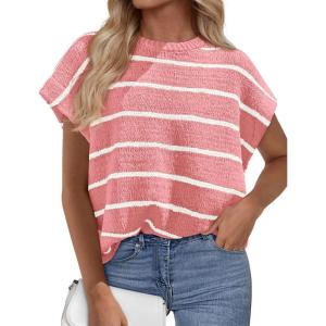 imagePRETTYGARDEN Womens Summer Short Sleeve Tops 2026 Trendy Crew Neck Striped Knit Sweater Business Casual Spring ClothesStriped Pink White