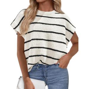 imagePRETTYGARDEN Womens Summer Short Sleeve Tops 2026 Trendy Crew Neck Striped Knit Sweater Business Casual Spring ClothesStriped White Black