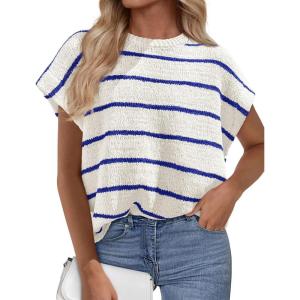 imagePRETTYGARDEN Womens Summer Short Sleeve Tops 2026 Trendy Crew Neck Striped Knit Sweater Business Casual Spring ClothesStriped White Blue