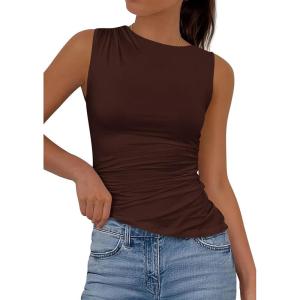 imagePRETTYGARDEN Womens Tank Top Spring 2026 Ruched Asymmetrical Going Out Top Slim Fit Sleeveless Shirts Summer ClothesBrown