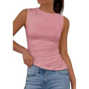 imagePRETTYGARDEN Womens Tank Top Spring 2026 Ruched Asymmetrical Going Out Top Slim Fit Sleeveless Shirts Summer ClothesPink