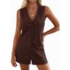 imagePRETTYGARDEN 2 Piece Sets for Women Spring Fashion 2026 Button Vest Tops High Waist Shorts Summer Business Casual OutfitsBrown