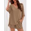 imagePRETTYGARDEN Womens 2 Piece Sets 2026 Oversized Vneck Half Sleeve Tops Shorts Lounge Set Casual Summer Travel Beach OutfitsKhaki