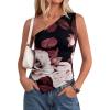 imagePRETTYGARDEN Womens Floral Mesh Tops 2026 Summer Asymmetrical One Shoulder Sleeveless Ruched Shirts Spring Going Out ClothesBlack Apricot Floral