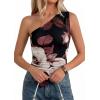 imagePRETTYGARDEN Womens Floral Mesh Tops 2026 Summer Asymmetrical One Shoulder Sleeveless Ruched Shirts Spring Going Out ClothesBlack Apricot Floral