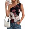 imagePRETTYGARDEN Womens Floral Mesh Tops 2026 Summer Asymmetrical One Shoulder Sleeveless Ruched Shirts Spring Going Out ClothesBlack Apricot Floral