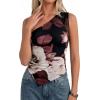 imagePRETTYGARDEN Womens Floral Mesh Tops 2026 Summer Asymmetrical One Shoulder Sleeveless Ruched Shirts Spring Going Out ClothesBlack Apricot Floral