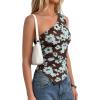 imagePRETTYGARDEN Womens Floral Mesh Tops 2026 Summer Asymmetrical One Shoulder Sleeveless Ruched Shirts Spring Going Out ClothesBrown Blue Floral