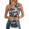 imagePRETTYGARDEN Womens Floral Mesh Tops 2026 Summer Asymmetrical One Shoulder Sleeveless Ruched Shirts Spring Going Out ClothesBrown Blue Floral