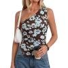 imagePRETTYGARDEN Womens Floral Mesh Tops 2026 Summer Asymmetrical One Shoulder Sleeveless Ruched Shirts Spring Going Out ClothesBrown Blue Floral