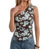 imagePRETTYGARDEN Womens Floral Mesh Tops 2026 Summer Asymmetrical One Shoulder Sleeveless Ruched Shirts Spring Going Out ClothesBrown Blue Floral