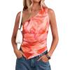 imagePRETTYGARDEN Womens Floral Mesh Tops 2026 Summer Asymmetrical One Shoulder Sleeveless Ruched Shirts Spring Going Out ClothesOrange Watercolor