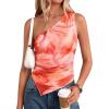 imagePRETTYGARDEN Womens Floral Mesh Tops 2026 Summer Asymmetrical One Shoulder Sleeveless Ruched Shirts Spring Going Out ClothesOrange Watercolor