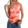 imagePRETTYGARDEN Womens Floral Mesh Tops 2026 Summer Asymmetrical One Shoulder Sleeveless Ruched Shirts Spring Going Out ClothesOrange Watercolor
