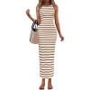 imagePRETTYGARDEN Sundresses for Women 2026 Summer Striped Knit Side Slit Spring Fashion Bodycon Maxi Dress Beach Vacation ClothesLight Brown