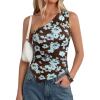 imagePRETTYGARDEN Womens Floral Mesh Tops 2026 Summer Asymmetrical One Shoulder Sleeveless Ruched Shirts Spring Going Out ClothesBrown Blue Floral