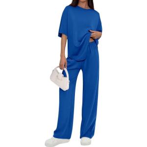 imagePRETTYGARDEN 2 Piece Lounge Sets for Women Summer 2026 Short Sleeve Matching Airport Travel Outfits Casual Spring ClothesBlue